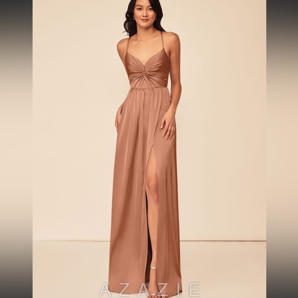 Azazie Bridesmaid Raya Satin Stretch in Bronzer gown